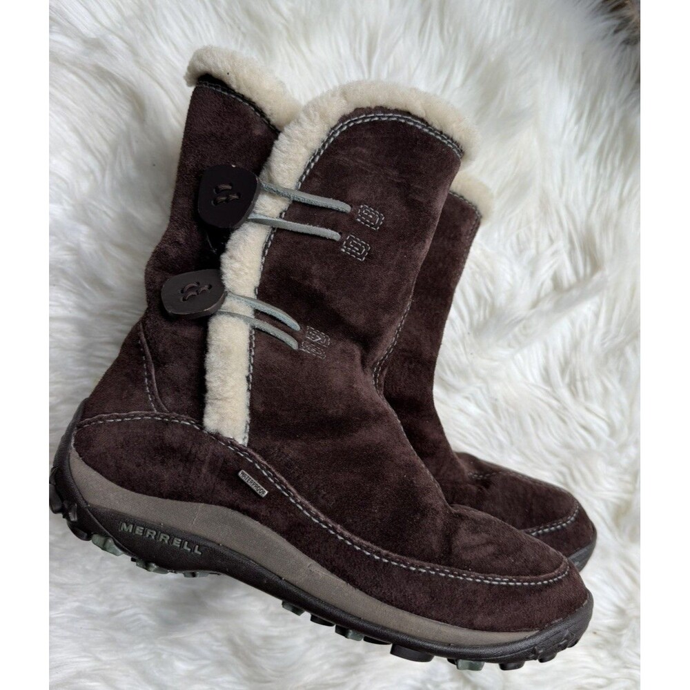 Women's 7M Merrell Yarra Apres Boots Brown Suede Insulated Waterproof Fur Trim